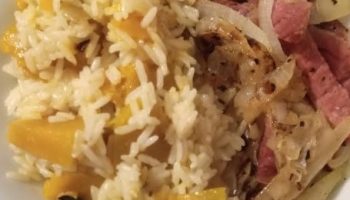 Arroz com Abóbora Cambotiã, Carne Seca Acebolada – Receita